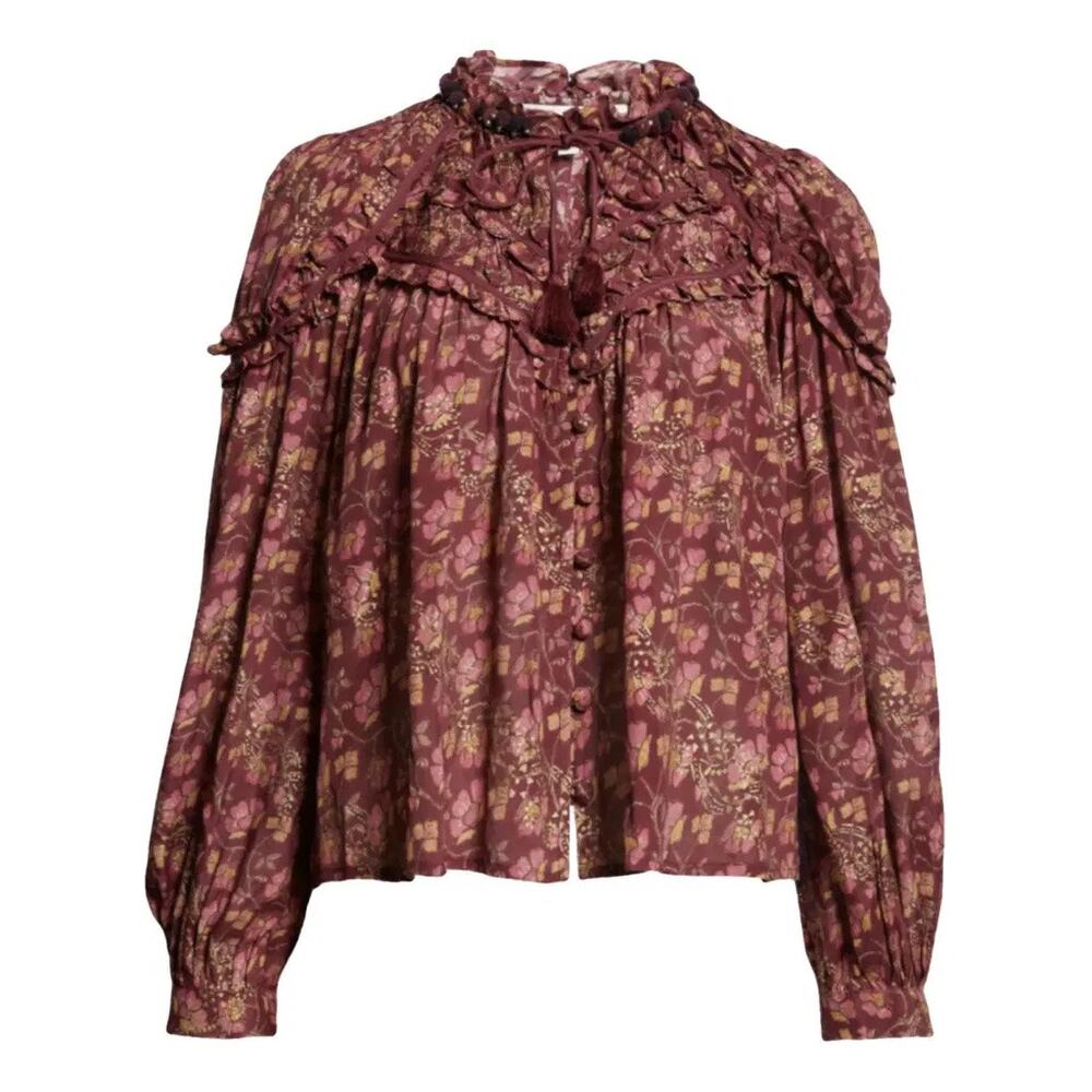 Sea New York Burgundy Purple Floral Popover Blouse Fairy Boho Embellished Small